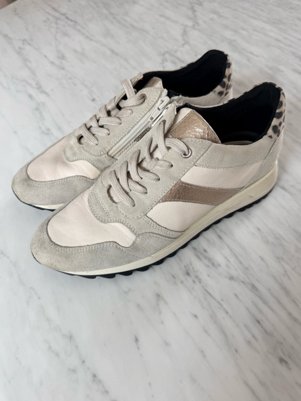 Geox Women's White, Silver & Grey Leather Suede Sneakers with Leopard Accent